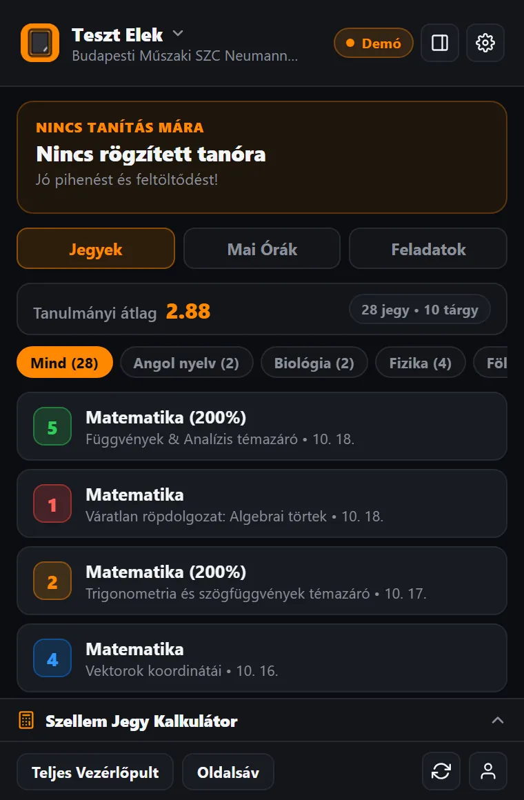 A Pala böngészőbővítmény felugró ablaka a jegyekkel
